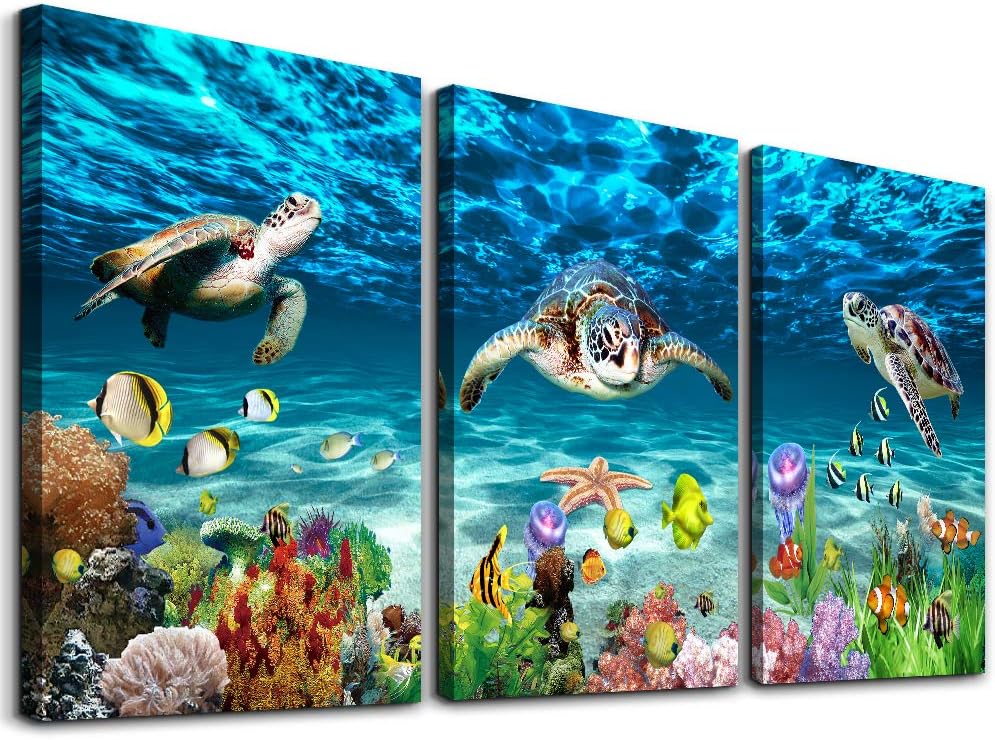 Canvas Wall Art for Living Room Large Size Wall decor for Bedroom Modern Bathroom Wall Decoration blue Ocean Wall Painting Sea Turtle Wall Pictures Ready to Hang Office Artwork 20" x 28" 3 Piece