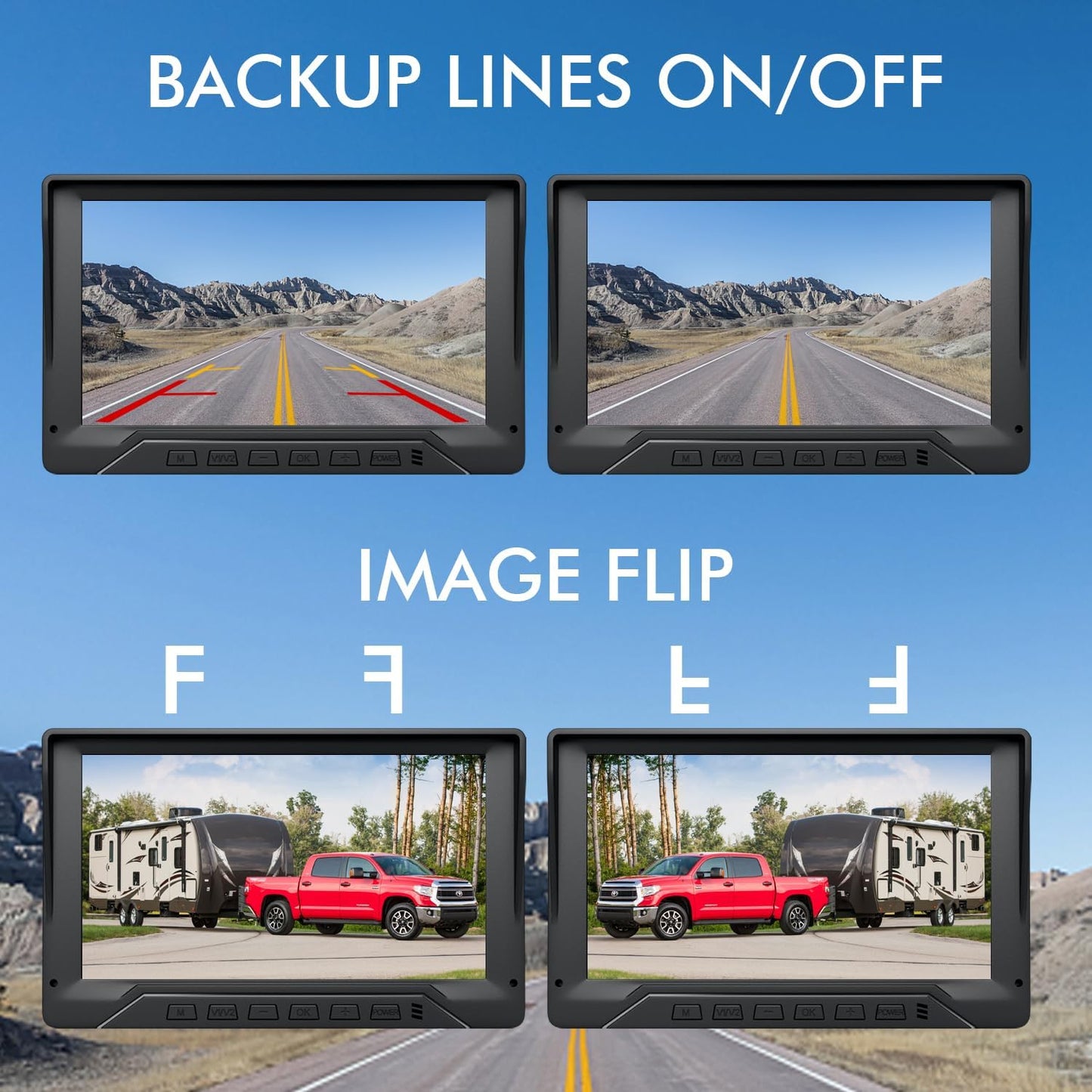 RV Backup Camera Plug and Play, 7'' Backup Camera for Truck Trailer, No Delay, 1080P HD, 2 Channels, 150° Wide Angle, DIY Guide Lines, Night Vision, IP69 Rear View Camera