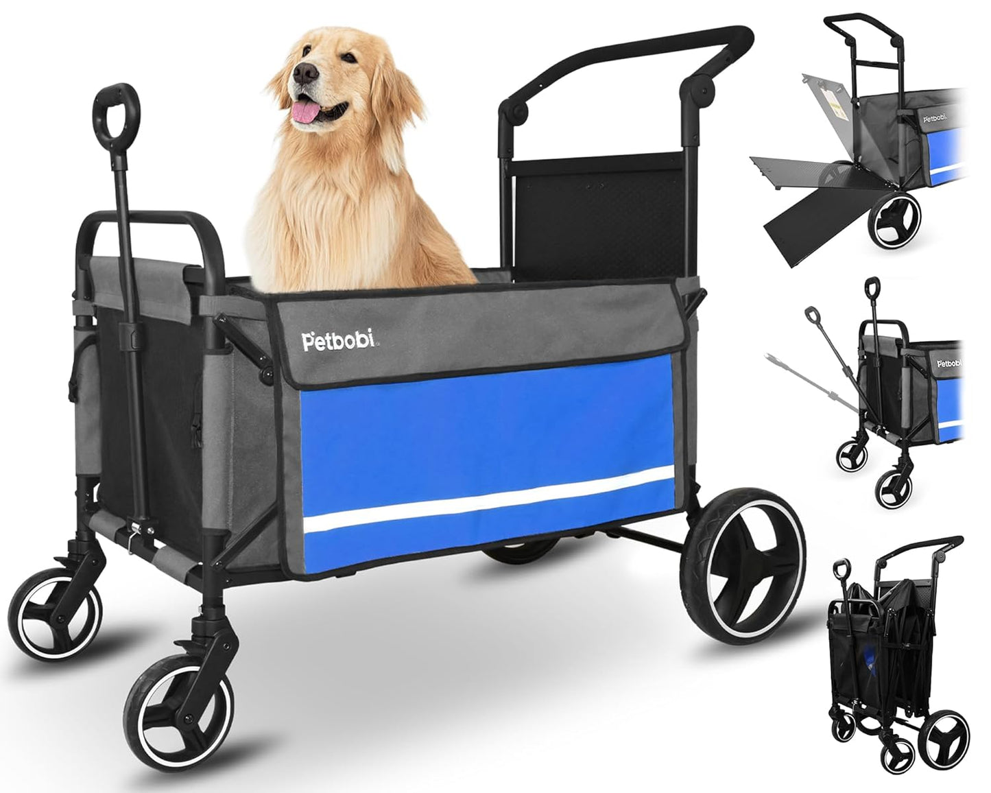 Petbobi Dog Wagon Stroller for Large & Medium Dogs - 2-in-1 Push-Pull Pet Stroller with Ramp, Foldable All Terrain Wagon Cart, One-Step Brake, Suitable for Outdoor Walks & Camping, Blue