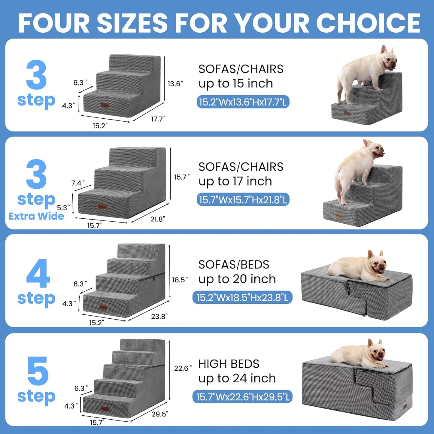 Dog Stairs for Small Dogs & Cats, 3-Step Non-Slip Pet Steps for Couch Sofa and Chair, Grey, 13.6" H