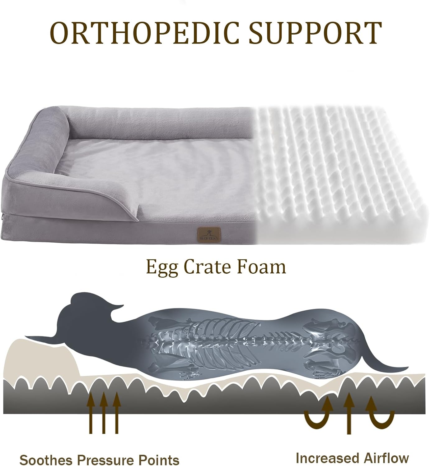Bedfolks Orthopedic Dog Bed, Waterproof Dog Sofa Bed for Large Dogs, Egg Foam Pet Couch Bed with Removable Washable Cover and Nonslip Bottom, Light Grey