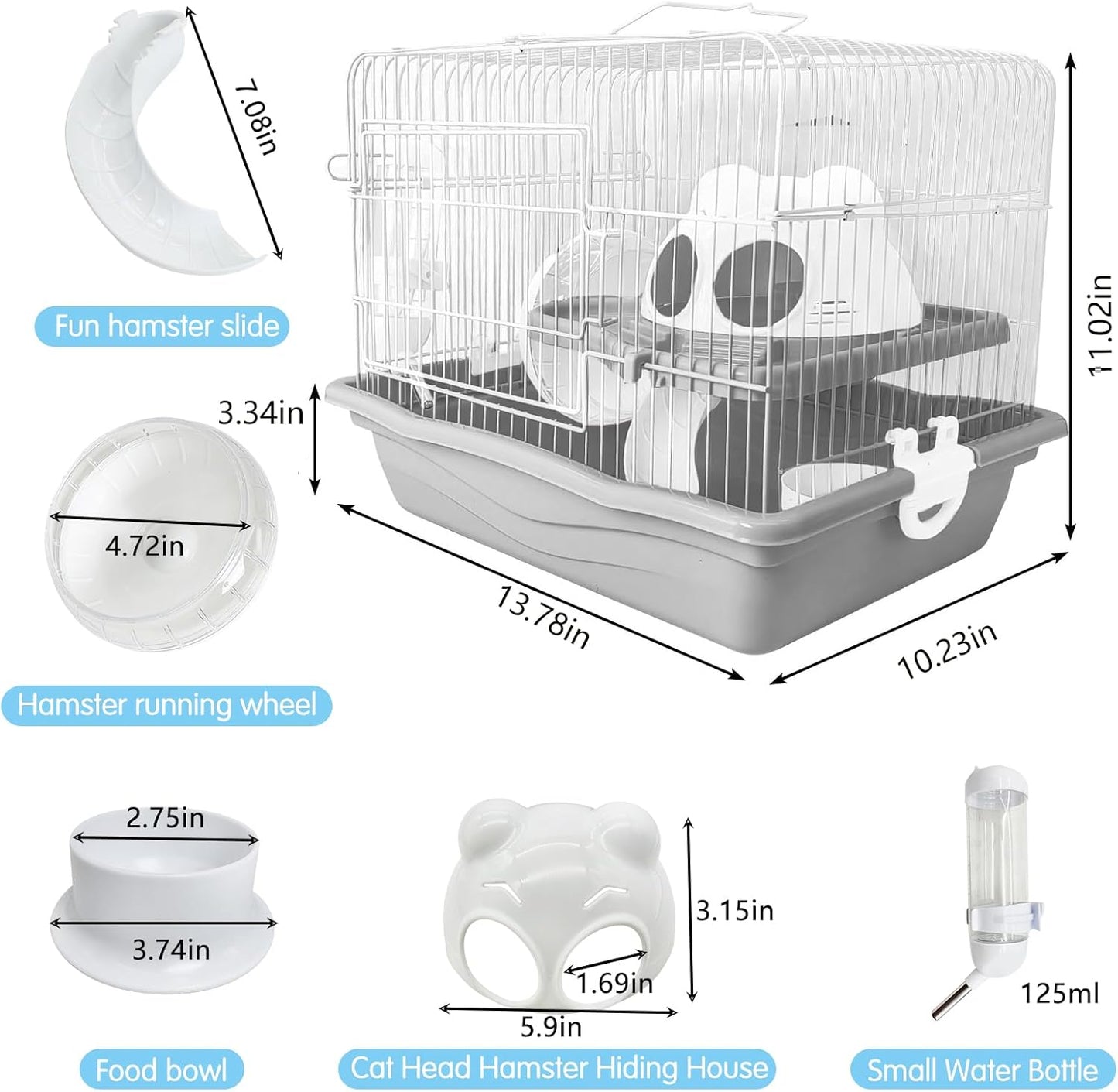 PINVNBY Dwarf Hamster Cage, Small Animal Cages, 2-Tier Travel Portable Mouse Cage Hamster Carrier with Castle House Running Exercise Wheels, Water Bottle and Food Dis（Gray）
