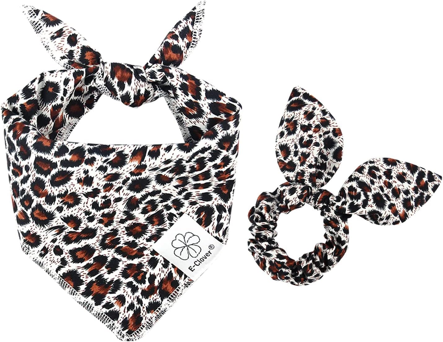 E-Clover Dog Bandanas Boy & Matching Scrunchie Set Leopard Dog Bandana Bibs Washable Kerchief Scarf for Medium Large Dogs & Owner