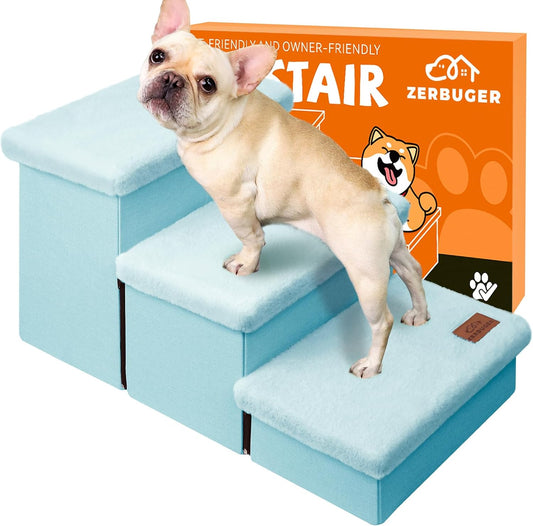 Dog Stairs with Furry Lids 18" H, 3-Step Wider Dog Steps with Storage for Small/Medium/Large Old Dogs Cats, Folding Sturdy Pet Stairs Climbing Bed Couch, Ramp for Car Up to 200 lbs, Baby Blue