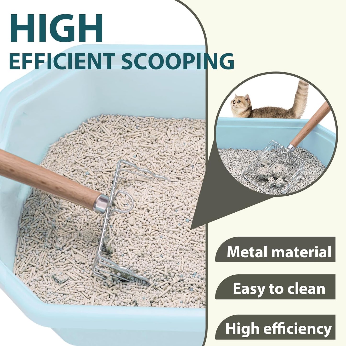 Cat Litter Scoop, Kitty Metal Scooper with Hook and Long Hole, Stainless Steel Kitten Poop Lifter for Litter Box, Non Stick, Durable and Heavy Duty Sifter for Easy Clean