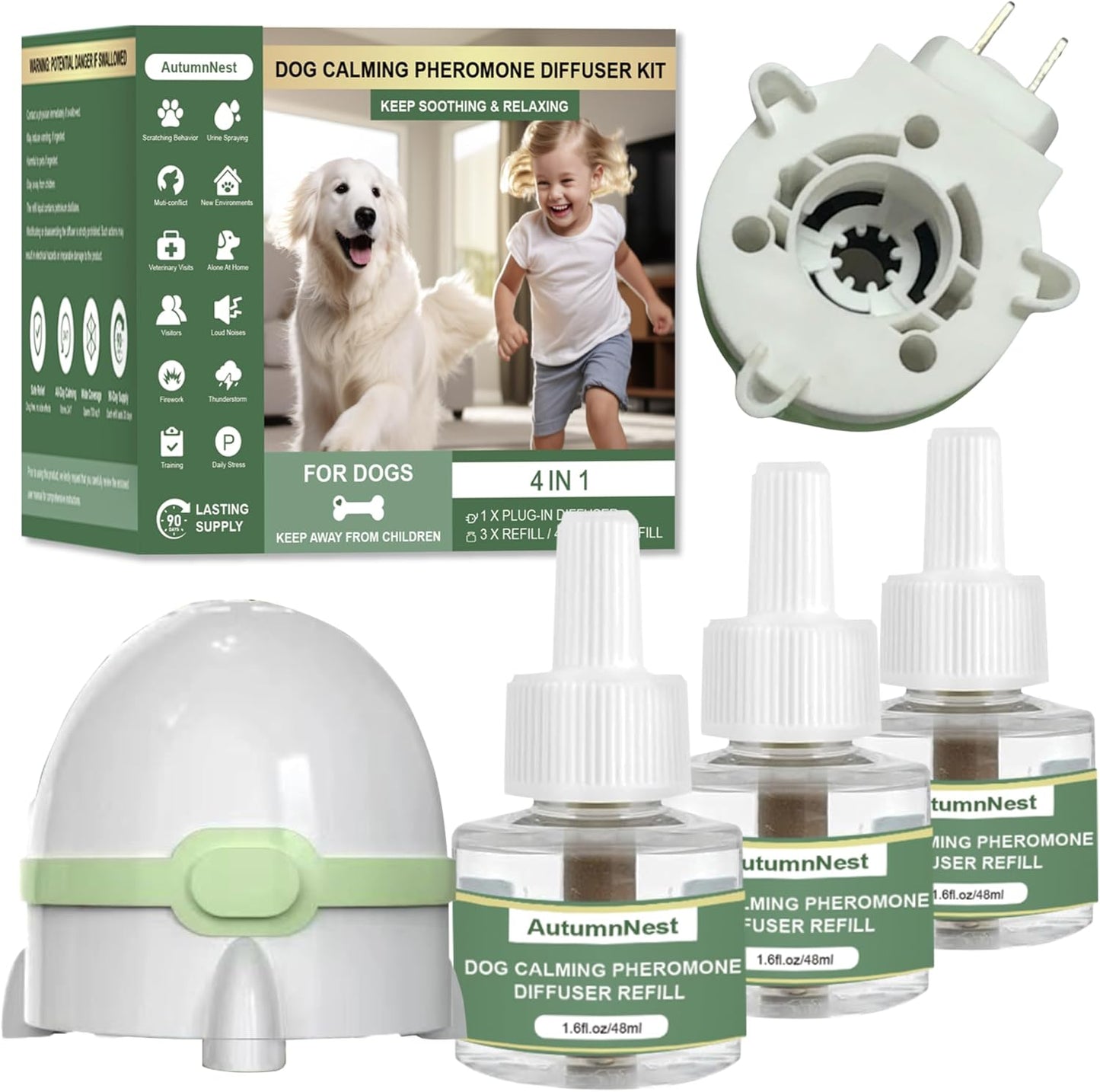 Dog Calming Pheromone Diffuser for Dogs, Plug-in + 3 Refills Kit, Supports Relaxed Behavior, Helps Ease Stress, Anxiety, Barking, Fear During Loud Events, Separation, Travel, 90 Days Non-Toxic Care