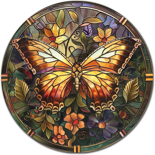 Lygond Metal Sign Tin Sign Circular Stained Glass Butterfly Wall Art for Club 12×12 Inches