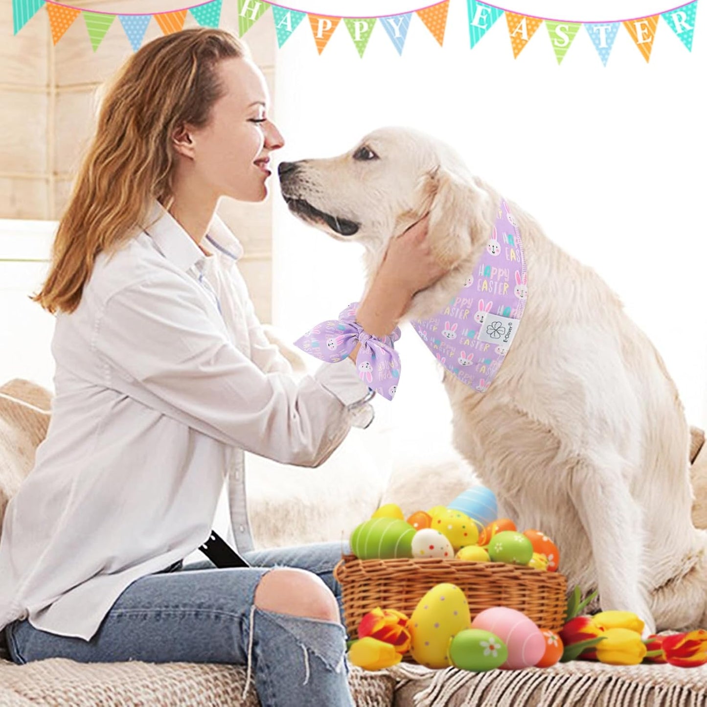 E-Clover Easter Dog Bandana & Matching Scrunchie-Bunny Dog Bandanas Pet Scarf Bib for Medium Large Dogs Girl Boy Owner Gift Purple