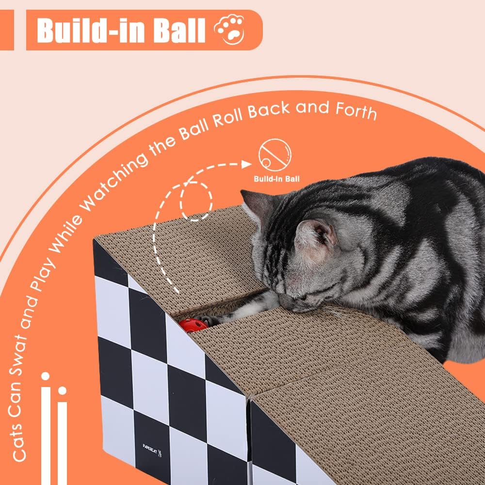 Cat Scratching Board with Ball, Triangle Cat Scratching Cardboard, Multiple Scratching Angles, 2-in-1 Scratching Lounge Bed, Recyclable and Durable, Furniture Protector, Black and White