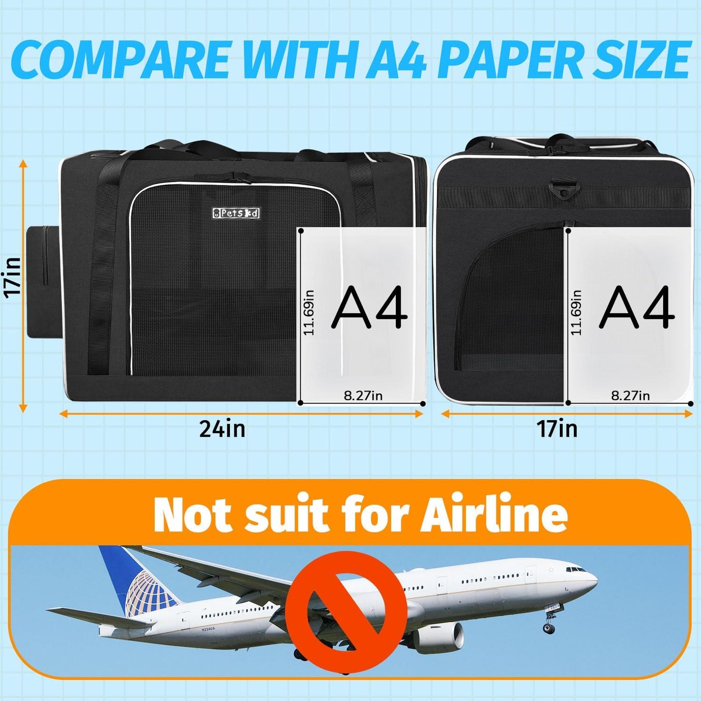 Petskd Extra Large Cat Carrier with Litter Box 24"x17"x17" for Medium Large Cat or 2 Small Cats, Collapsible Soft Sided Pet Carrier for Car Travel with Lockable Safety Zippers(Black)