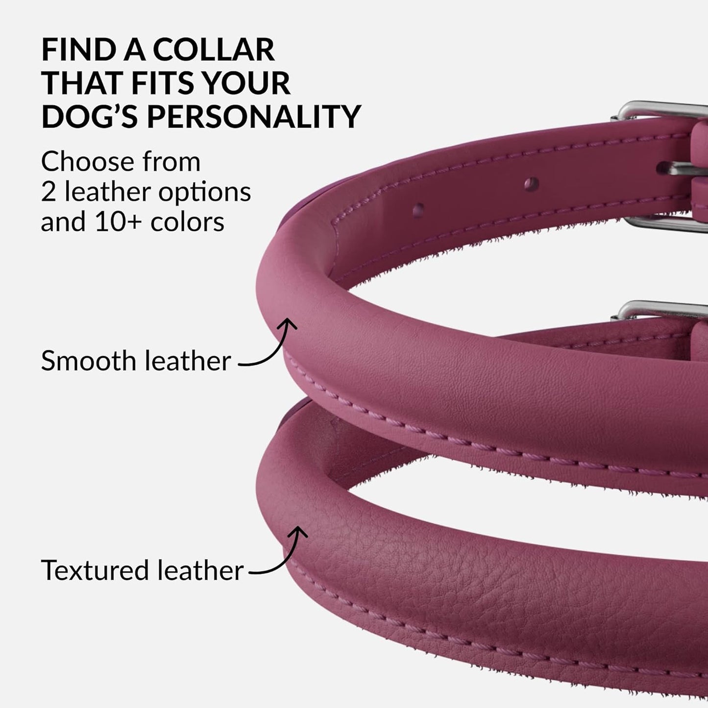 CollarDirect Rolled Leather Dog Collar, Soft Padded Round Puppy Collar, Handmade Genuine Leather Collar Dog Small Large Cat Collars 13 Colors (18-22 Inch, Pink Smooth)