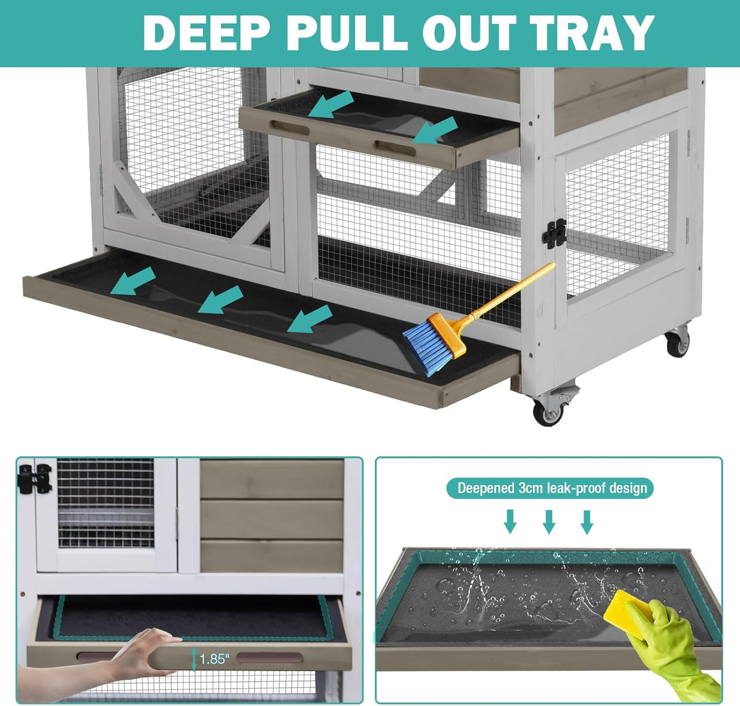 Rabbit Hutch Indoor for 2-4 Rabbits & Guinea Pigs，Bunny Cage with Slide-Out Plastic Trays，Wooden Small Animal Cage for Rabbits, Bunnies, and Guinea Pigs (Light Brown)