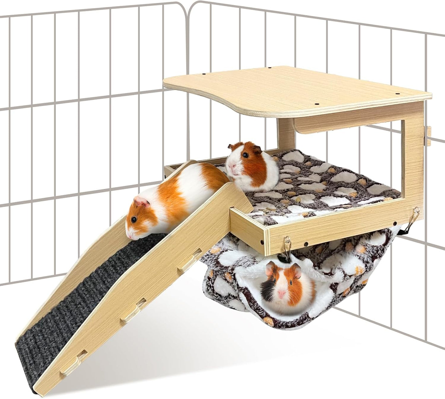 Guinea Pig Hideout，Natural Wood Removable Guinea Pig Bed, Small Animal Habitat with Hanging Hammock/Staircase/Cushion, Suitable for Small Animals to Hide, Rest, Play