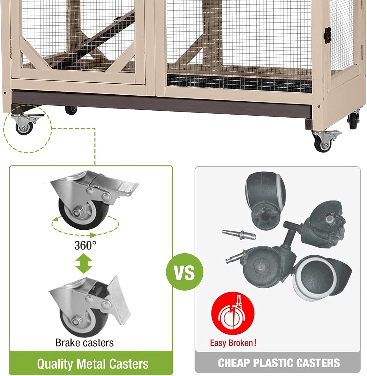 GUTINNEEN Rabbit Hutch Indoor Mobile Bunny Cage with Run Wooden 2 Story Guinea Pig Cage Outdoor for Small Animals with Wheels,Two Deeper No Leak Trays(Brown)