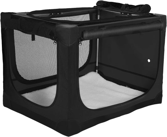 30-Inch Collapsible Travel Dog Crate, Portable 4-Door Soft Kennel for Medium to Large Dogs, Durable Mesh Windows, Indoor/Outdoor Use, Foldable, with Storage Bag (Black)