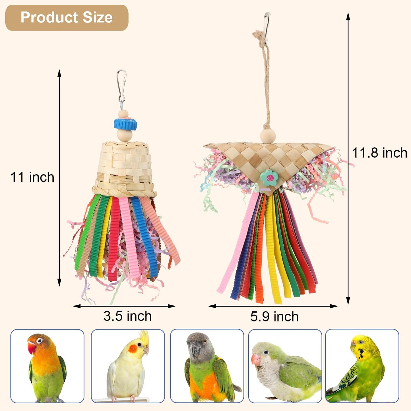 Wontee Bird Colorful Shredding Crinkles Foraging Toys Natural Sola Ball for Parrots Cockatiels Conures Budgies Senegal (Shredder Toys (2 Pack))