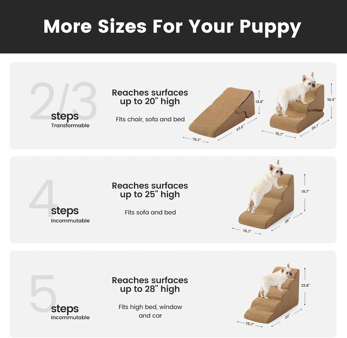 Gardner Pet Dog Stairs for Small Dogs 22.8" H, 5-Step Brown Curved Pet Stairs, Dog Steps for High Bed, Couch (24-30 in) with Durable Non-Slip Waterproof Fabric Cover and CertiPUR-US Certified Foam