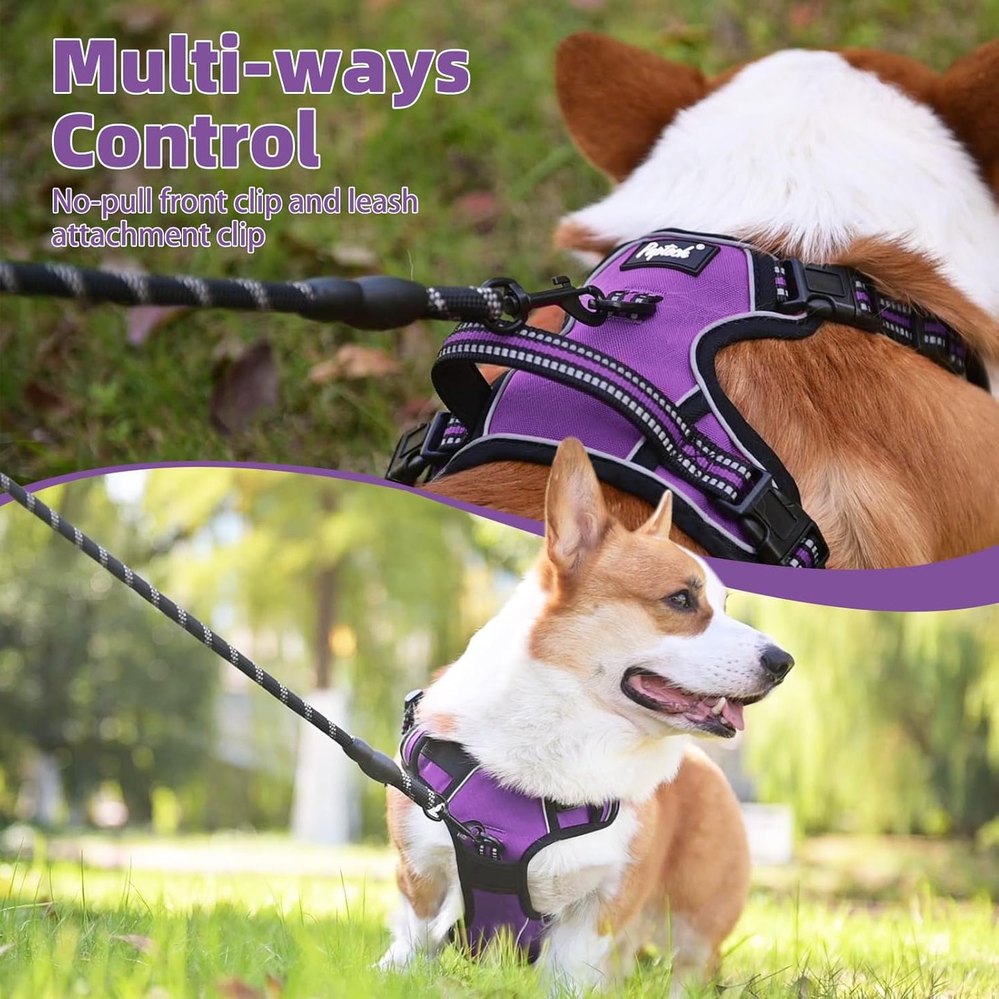 PUPTECK No Pull Dog Harness Medium Sized, Adjustable Reflective Dog Harness with Handle Easy Control, Comfortable Soft Padded Pet Vest Harness for Medium Dogs, Solid Purple M