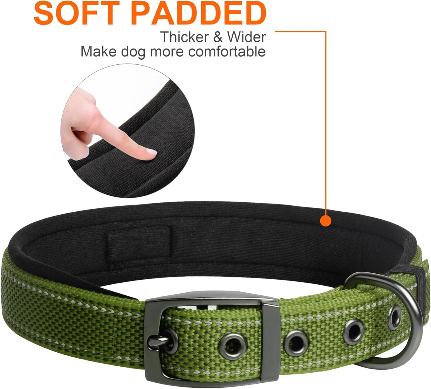 Fida Heavy Duty Dog Collar, Ultra Comfortable Soft Neoprene Padded, Adjustable Reflective Nylon Pet Collar with Durable Metal Belt Buckle for Small Breeds (S, Green)