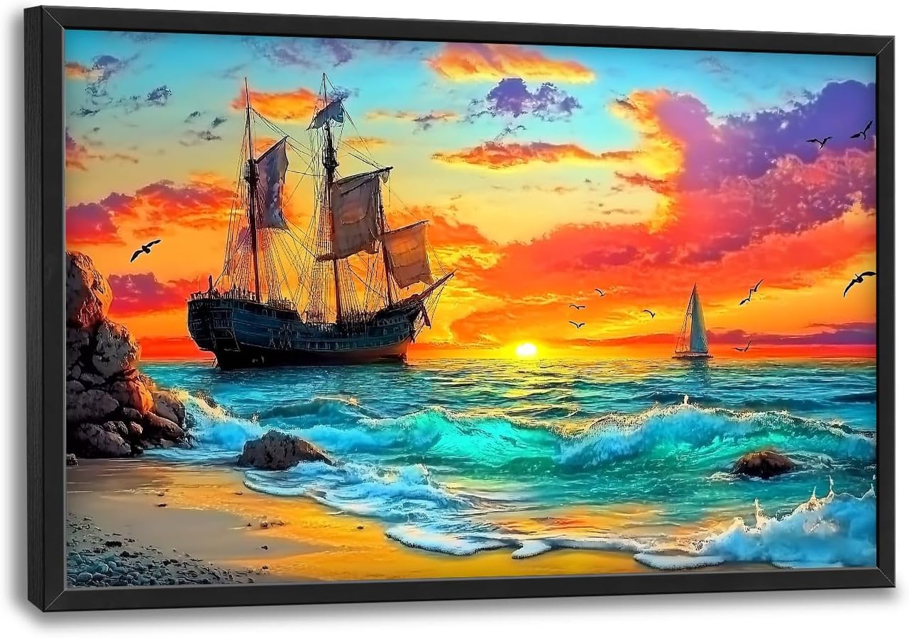 Framed Large Ship Wall Art for Living Room, Oversized Coastal Beach Boat Wall Decor Nautical Seascape Sailboat Canvas Painting Modern Artwork Home Decoration for Living Room Bedroom 36"x24"