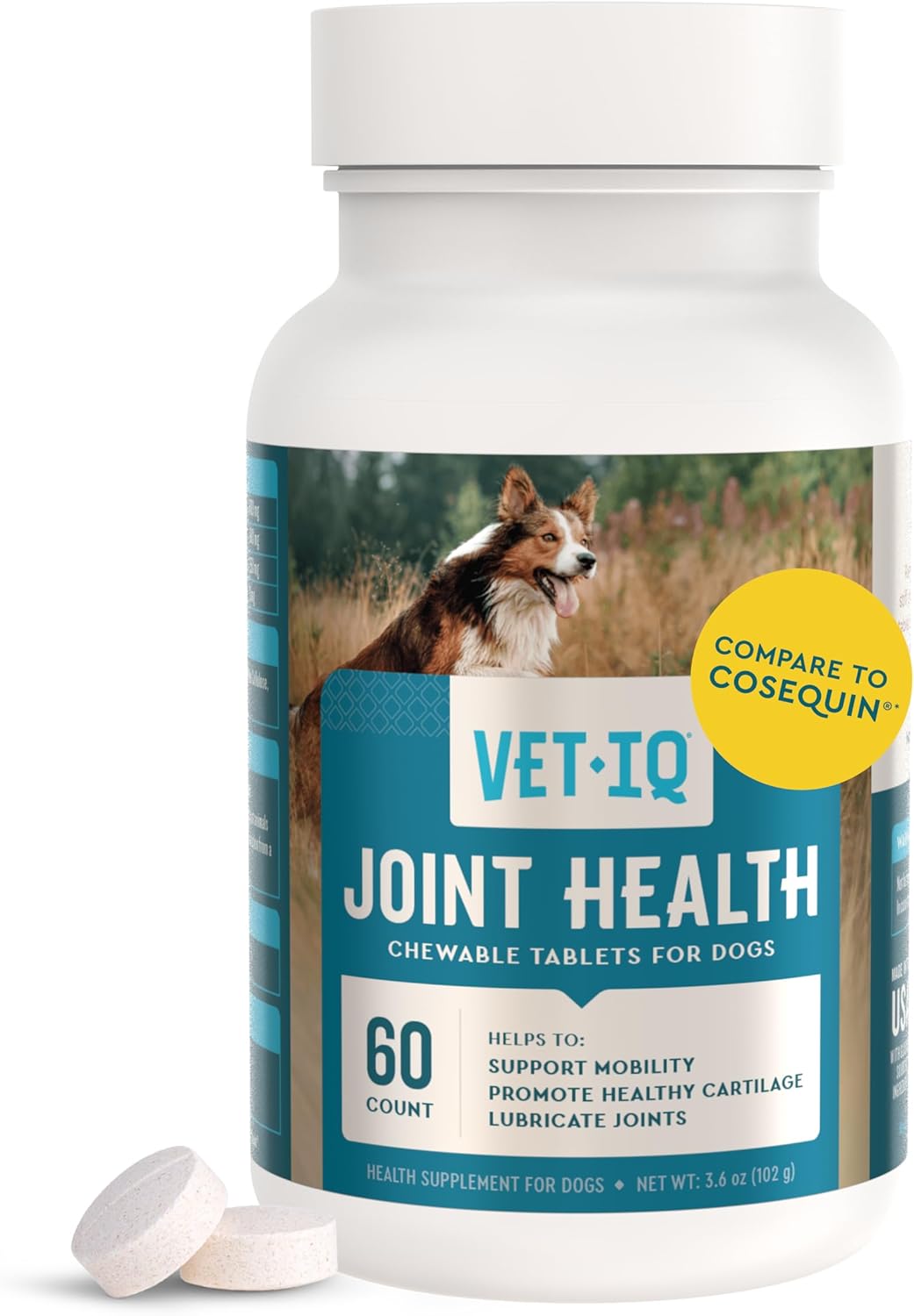 VetIQ Hip & Joint Health Supplement for Dogs, with Glucosamine, Chondroitin & MSM, Chewable Tablets for Dogs, Chicken Flavor, 60 Count