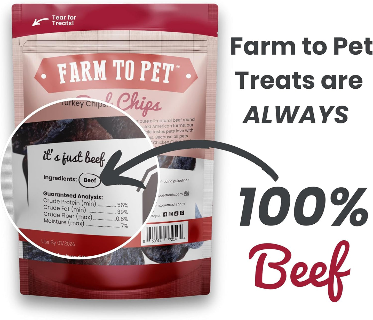 Farm To Pet - Dog Training Treats - 12 oz Beef Chips, Single Ingredient, Lean, All Natural, Healthy Dog Treats for Small, Medium, Large Breeds, & Puppies, Made in USA