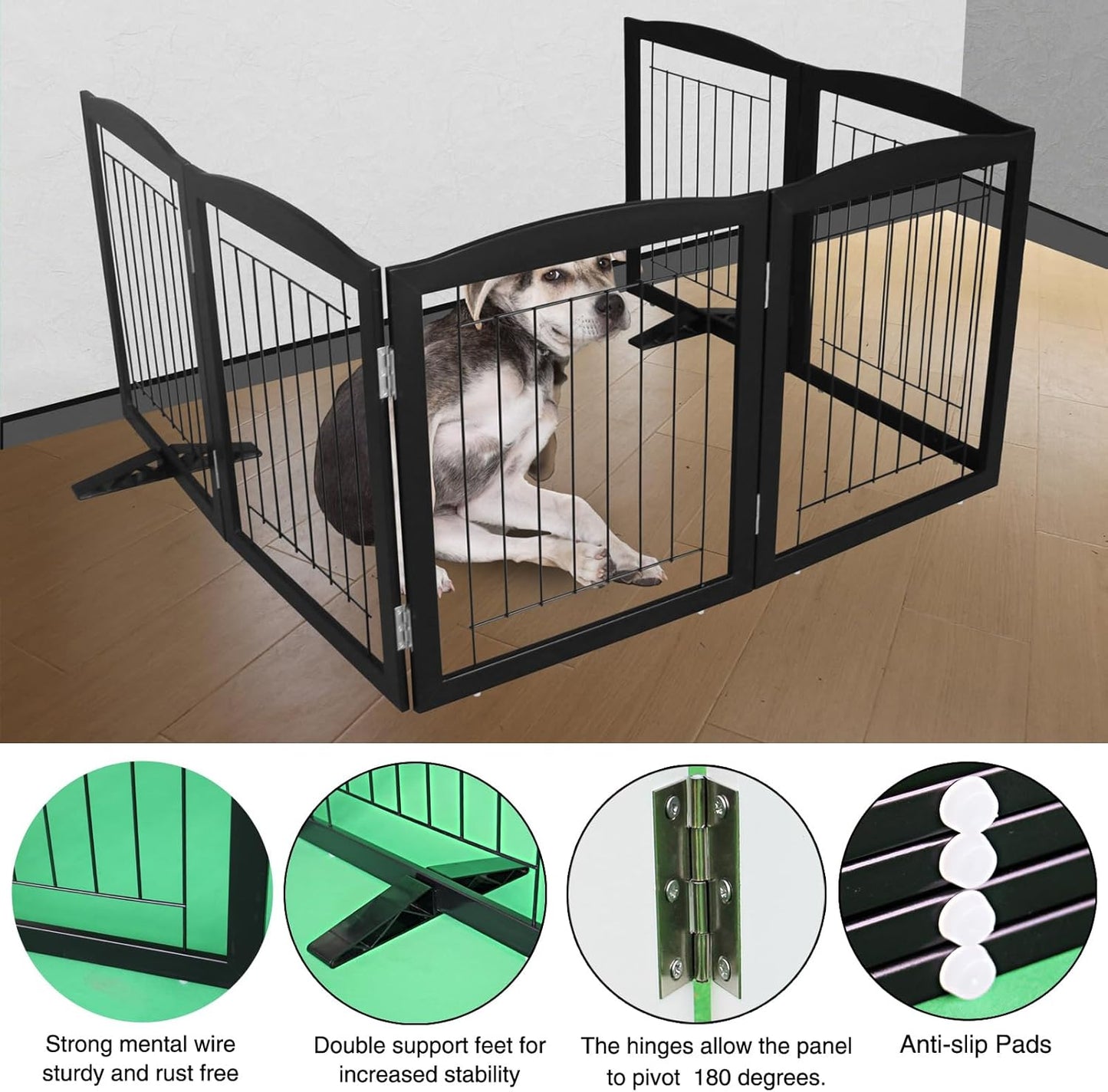 ZJSF Freestanding Dog Fence Indoor, Foldable Dog Gate for Doorways, Stairs or Hallways, Sturdy Wood Extra Wide Pet Gate with Support Feet for The House, Black, 32 "Height-6 Panels
