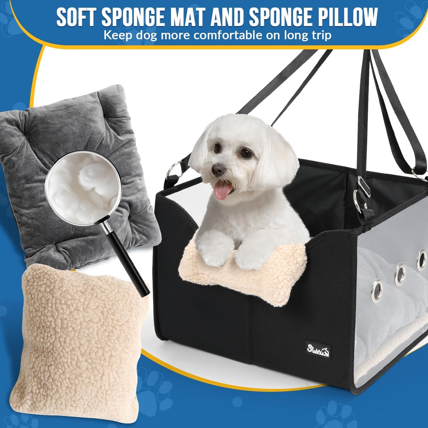 SlowTon Dog Car Seat for Small Dogs - Elevated Portable Dog Booster Seat Under 18 lbs, Pet Dog Travel Carrier with Clear Side Panel, Safety Belt and Soft Cushion