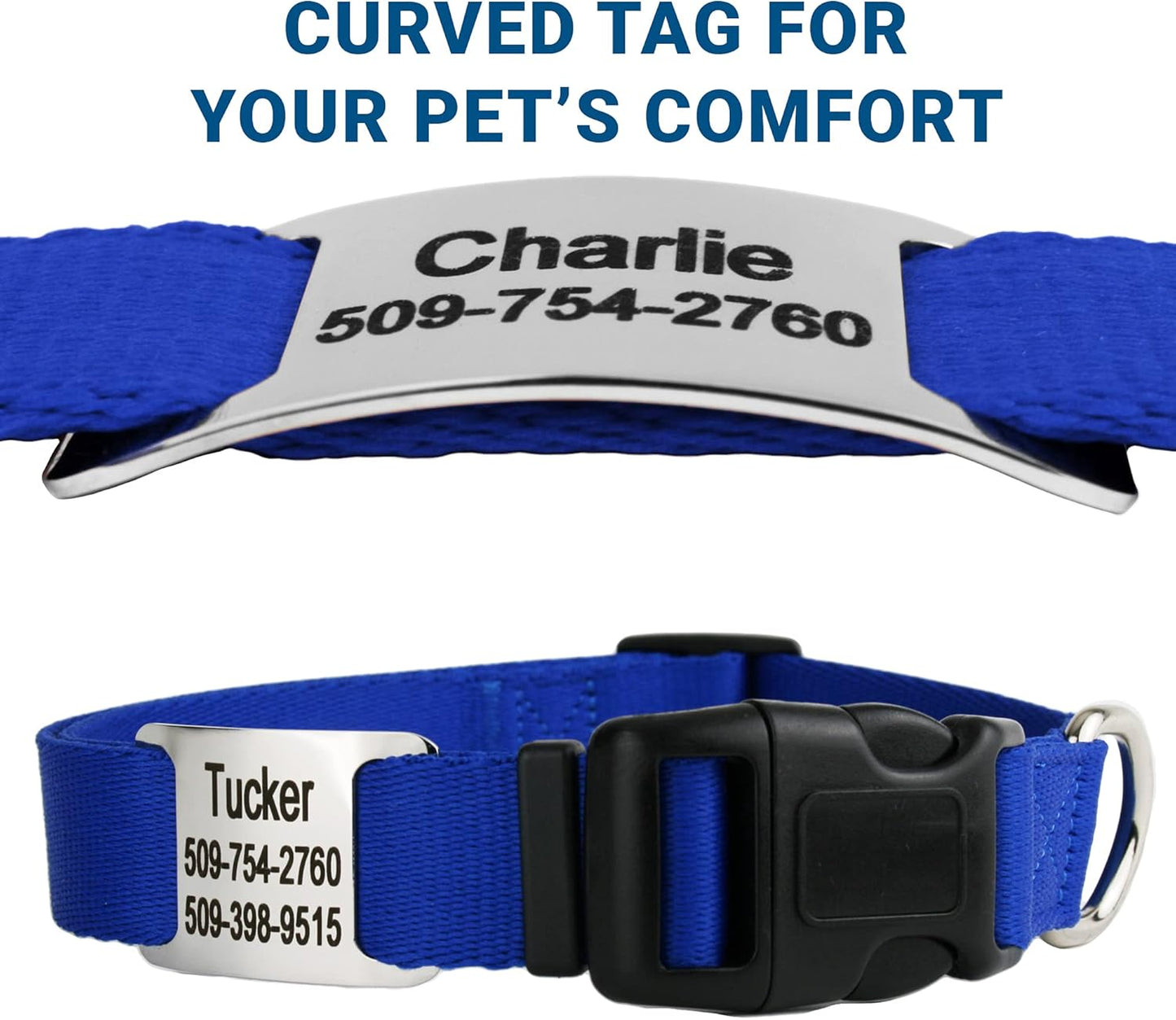 GoTags Personalized Dog Collar with Nameplate, Adjustable Dog Collar with Custom Engraved Slide On Pet ID Tag in Stainless Steel, Silent, No Noise Dog Tag for Large Medium and Small (Blue, Large)