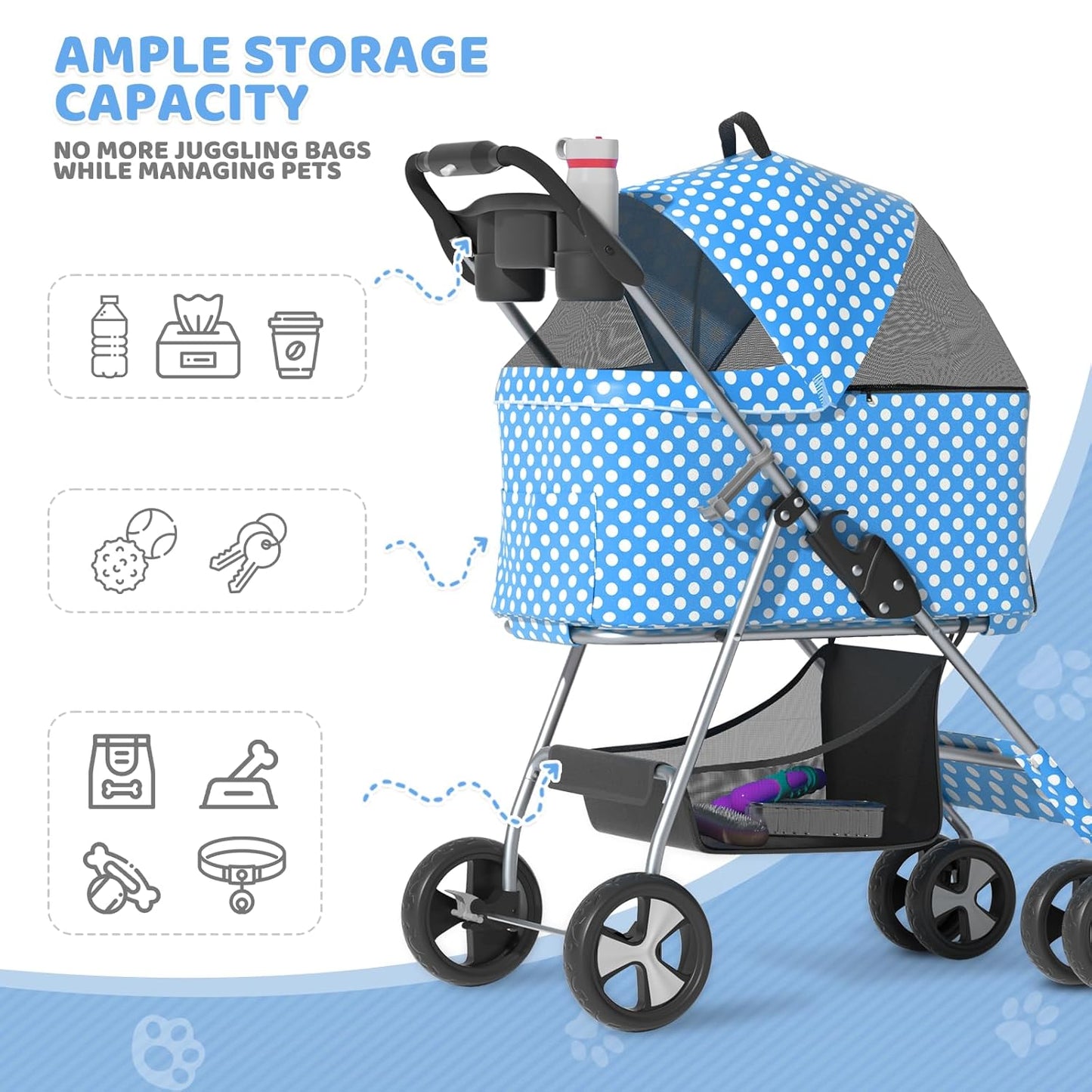 Magshion Foldable Pet Stroller, 3-in-1 Dog Travel Jogger with Detachable Carrier, Cup Holder, Storage Basket, Folding Carrier for Small/Medium Dogs & Cats Up to 33 lbs, Sky Blue Polka Dots