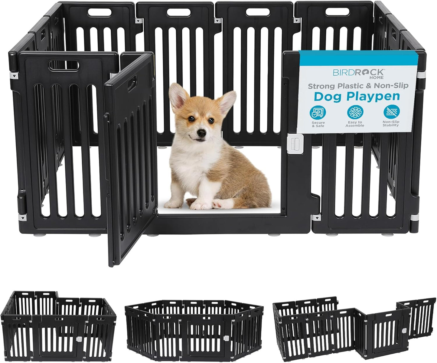 BIRDROCK HOME Dog Playpen w/Door, 12 Panel, 25.6in H | Strong Plastic, Non-Slip Puppy Playpen, Secure Pet Gate | Indoor Outdoor Fence | Configurable Panels | Small to Medium Pets - Black