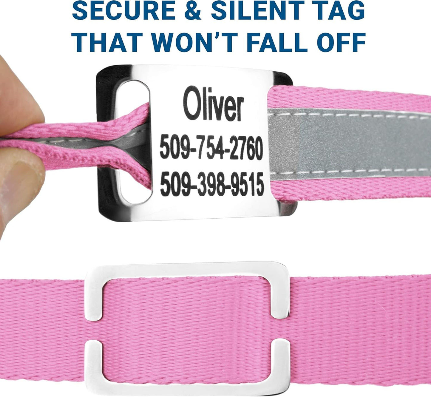 GoTags Reflective Personalized Dog Collar with Nameplate, Adjustable Dog Collar with Custom Engraved Steel Slide On Pet ID Tag, Silent, No Noise Dog Tag for Large Medium or Small (Pink, Large)