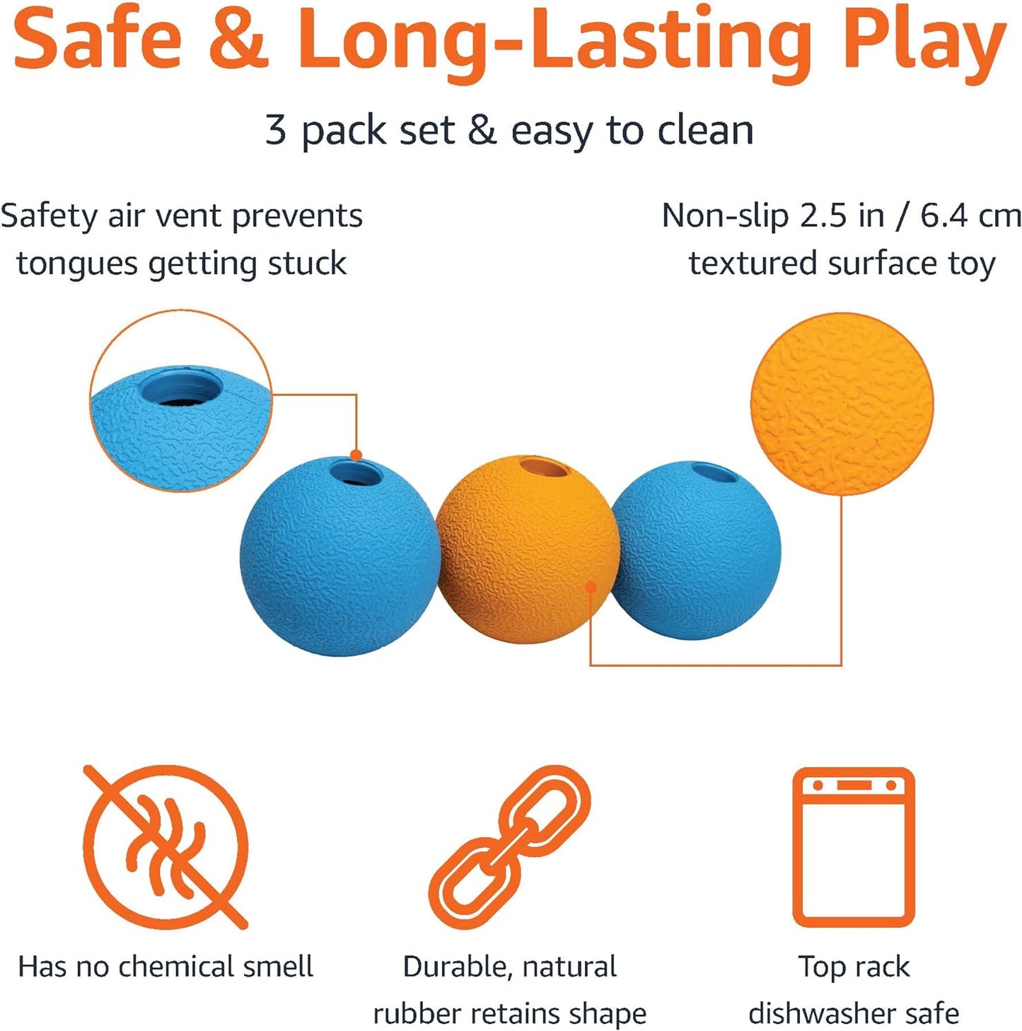 Amazon Basics Dog Toys, Interactive Fetch Rubber Balls, (Pack of 3), 2.5 inch, Blue, Orange