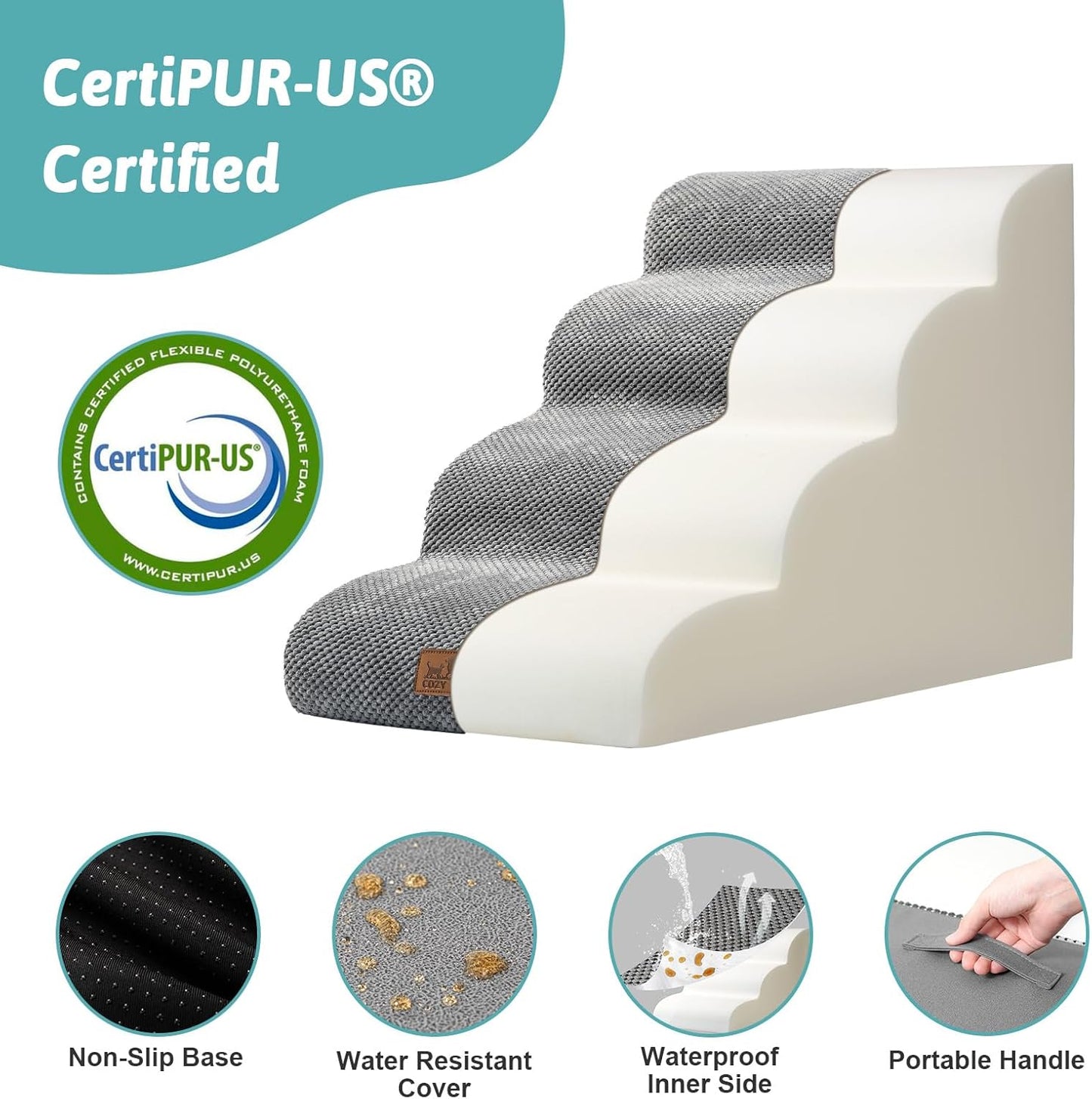 Dog Stairs for Small Dogs 19.7" H, Curved Dog Step for Puppy, Older or Cat, Medium Pet Ramp for Sofa, Couch or Bed, Ladder with High Density Foam, 15.7x28.3x19.7 inch, 4 Step, Grey