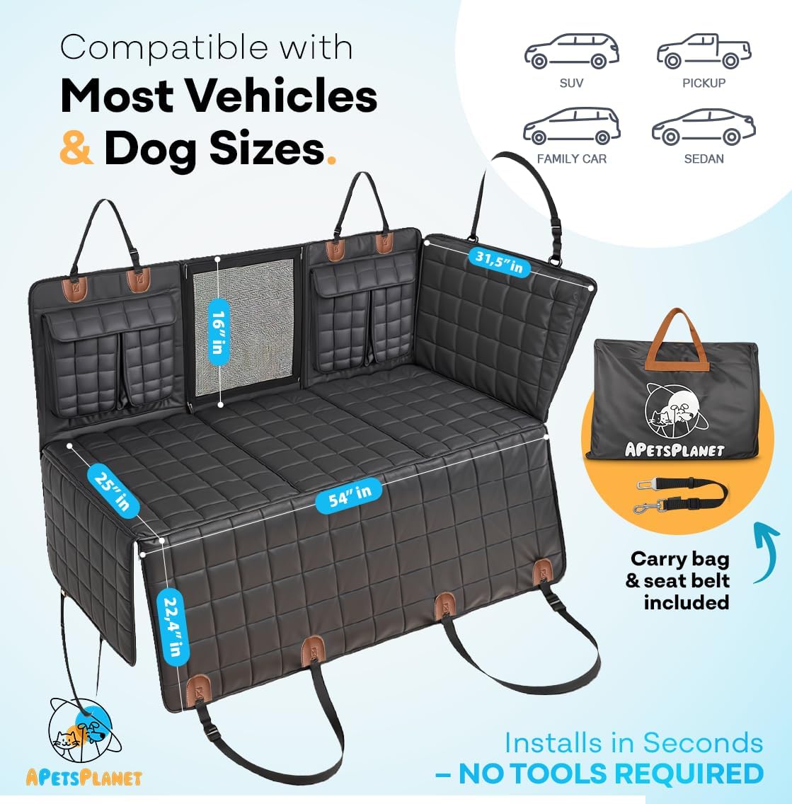 APetsPlanet Dog Car Seat Cover for Back Seat Hard Bottom - Waterproof Backseat Extender for Dogs - Pet Hammock Bed for Car, Truck, SUV with Mesh Window & Storage - Black Leather, with Door Covers