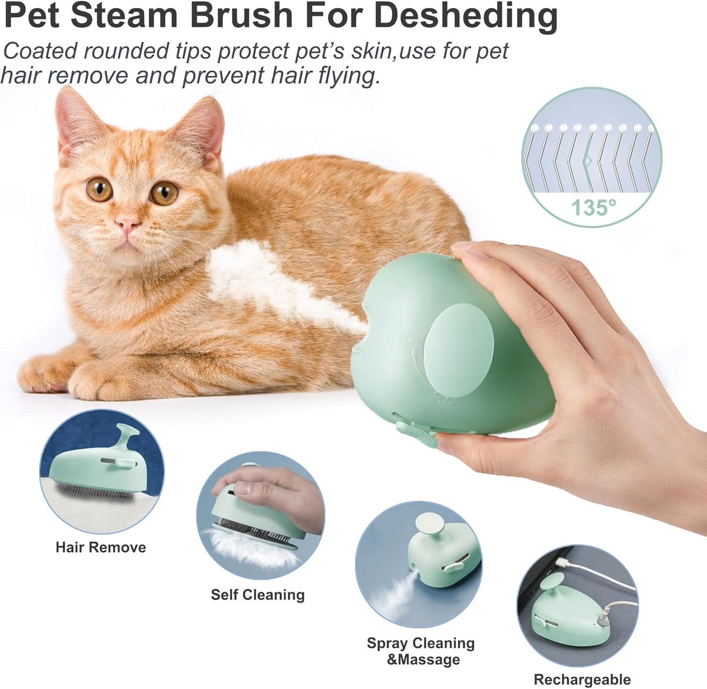 Cat Steam Brush for Shedding,Self Cleaning Cat Brush with Steam,Rechargeable Pet Steam Brush,Mist Brush Comb for Indoor Cats,Cat Hair Brush,Steamy Cat Brush for Short&Long Haired Pets.(Green)