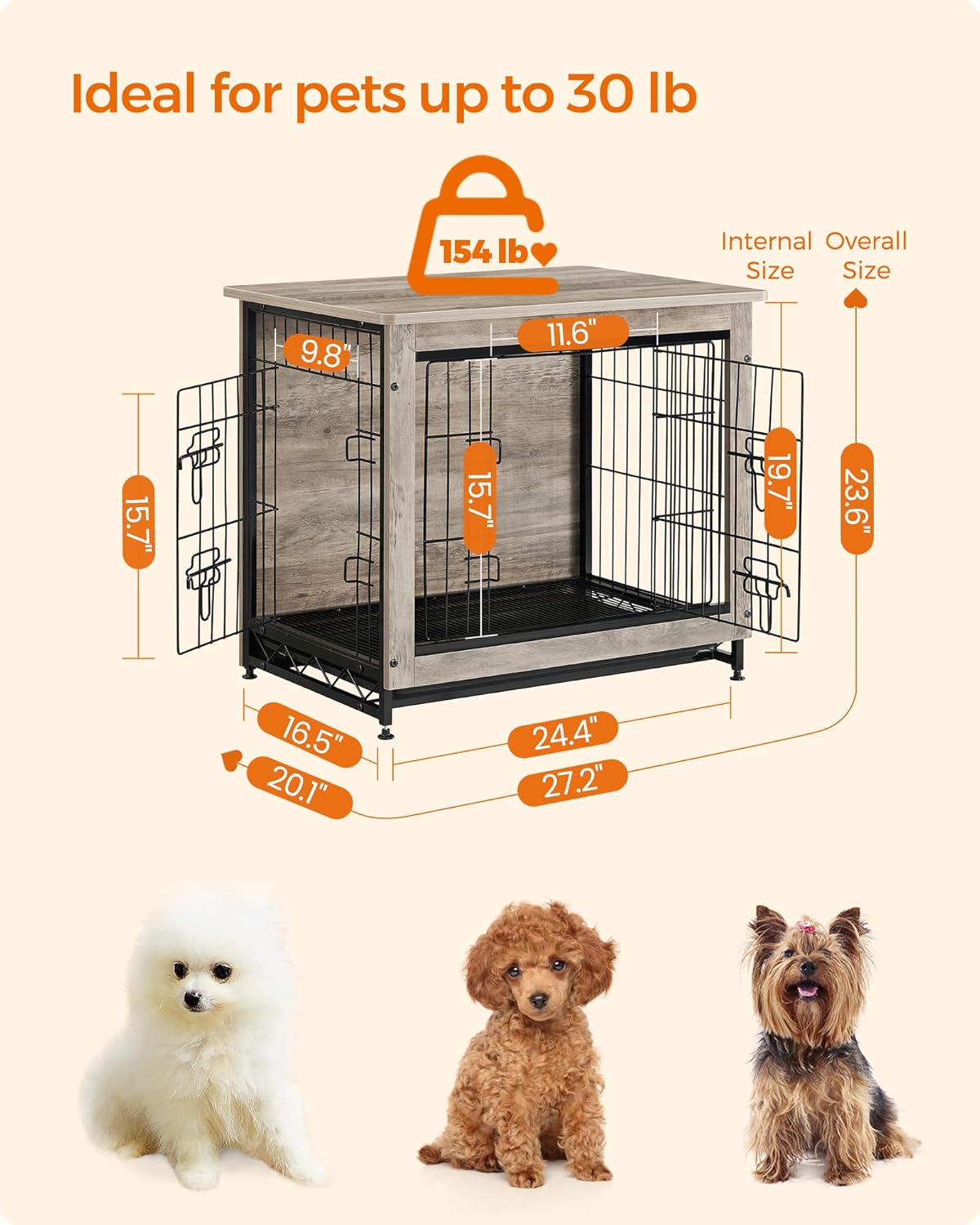 Feandrea Dog Crate Furniture, 27.2" Side End Table, Modern Kennel for Dogs Indoor up to 30 lb, Heavy-Duty Dog Cage with Multi-Purpose Removable Tray, Double-Door Dog House, Greige UPFC001G01