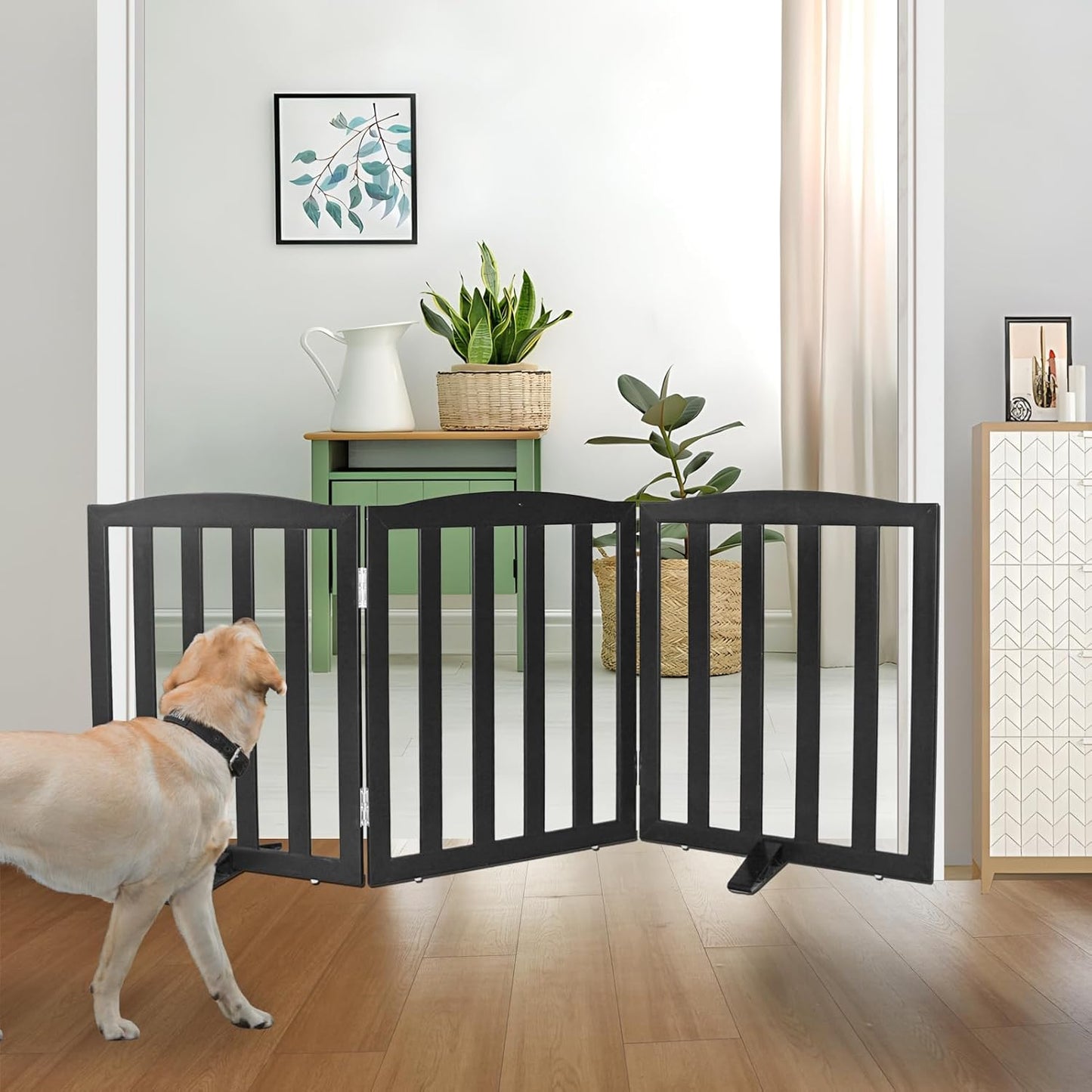 ZJSF Foldable Freestanding Indoor Dog Gate for House Wood Long Pet Gates Dog Fence for Stairs Puppy Gates for Hallways, Puppy Gate,Support Feet Included, Black, 24 "Height-3 Panels