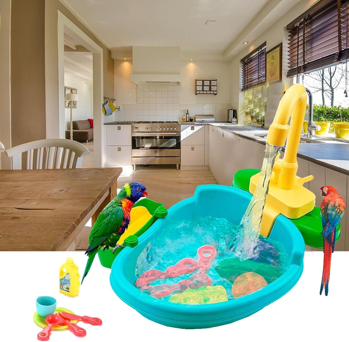 Parrot Shower, Parrot Bird Bathtub, Automatic Bird Bathtub Pet Bath Pool with Faucet, Bird Bathtub Swimming Pool Toy Bath Shower Water Dispense for Ferret, Goldfinch (Green)
