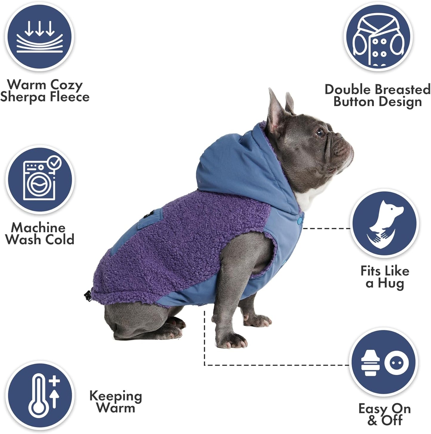Spark Paws Reversible Dog Sweater, Sherpa Jacket Vest with Warm Fleece Lining, Warm Coat for Winter, Suitable for Small Medium, Large, XL XXL Dogs - Purple and Navy Blue - 2XL