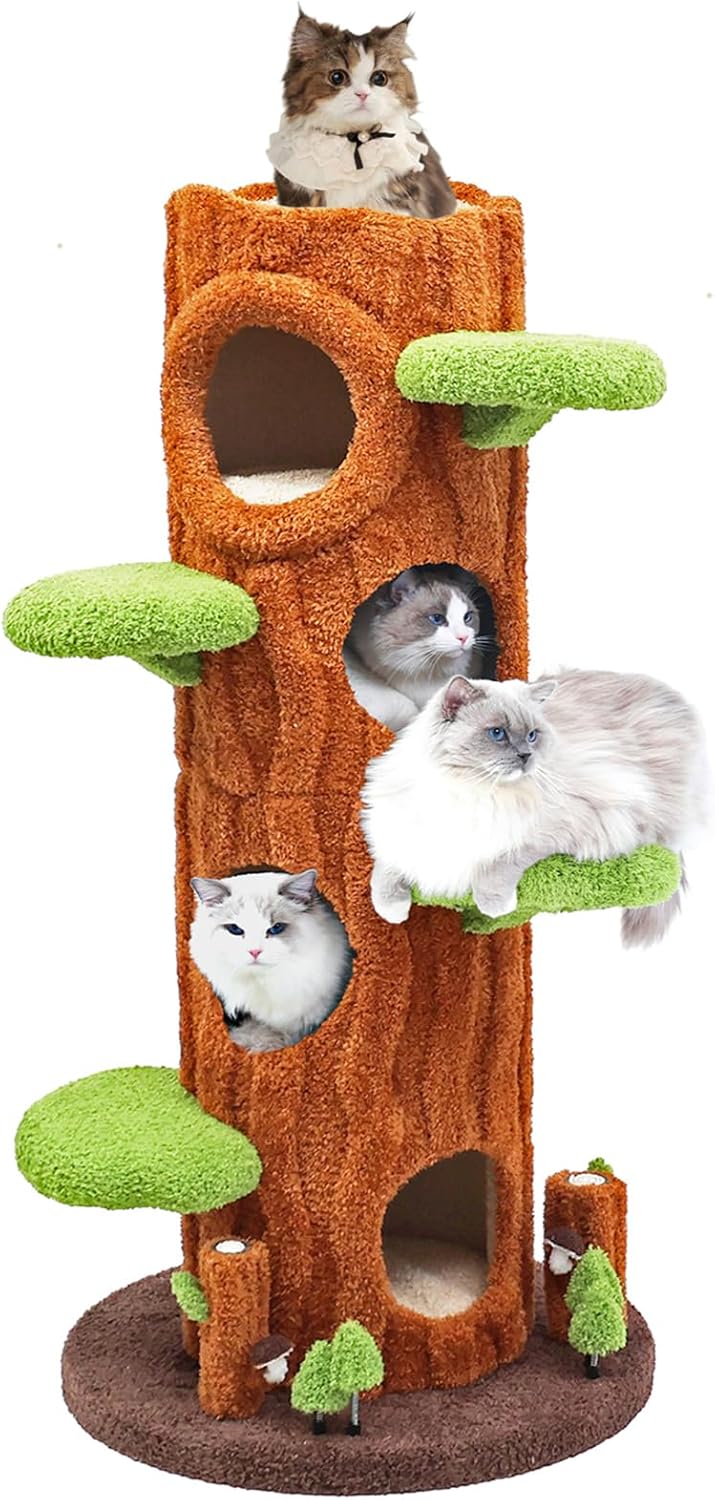 Magic Forest Cat Tree Tower, 62 inches Tall, Real Solid Wood Cat Tree for Multi-Cat Household