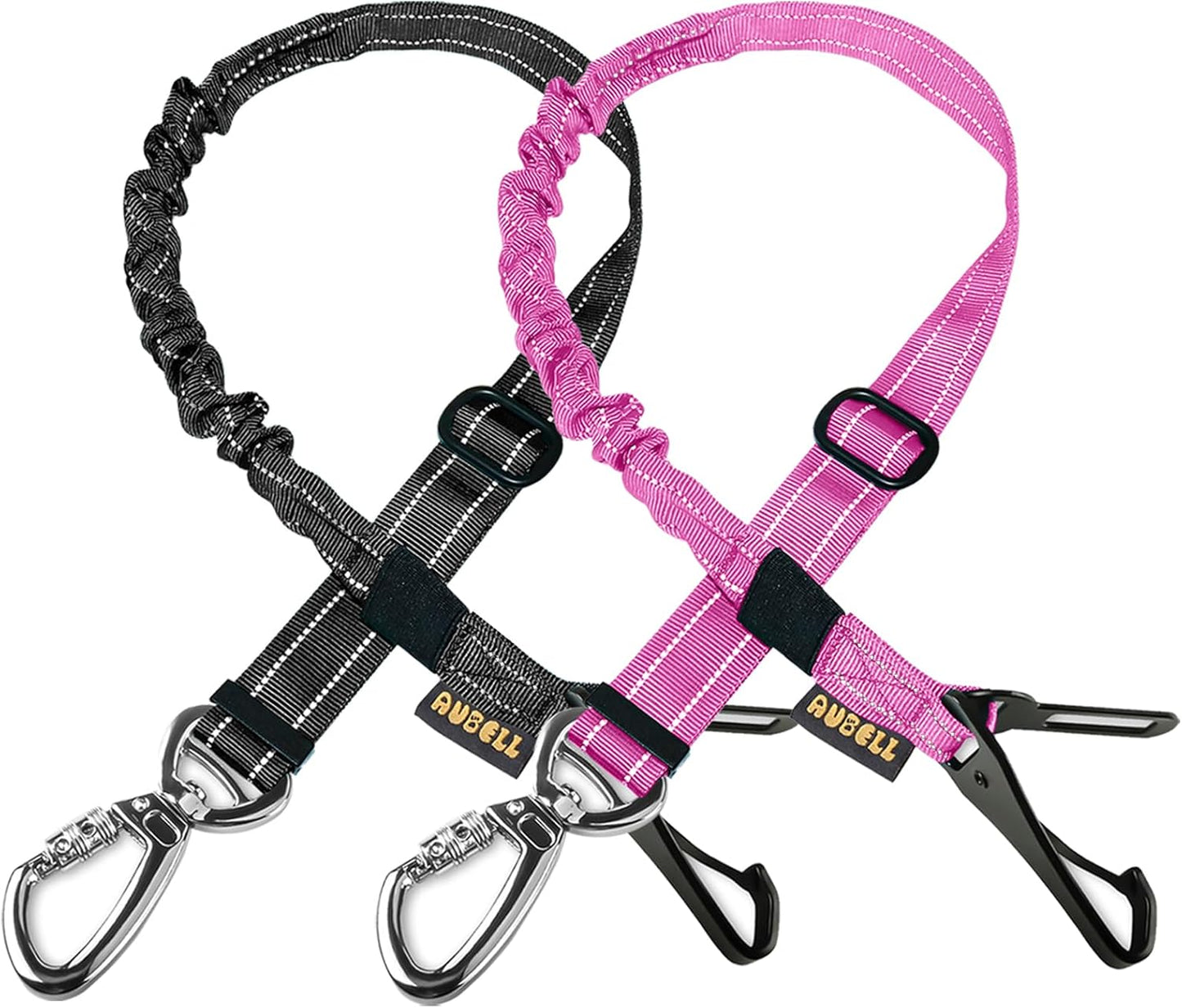 AUBELL Dog Seat Belt for Car,2 Pack Set 3-in-1 Adjustable Reflective Bungee Heavy Duty Dog Car Harness Tether with Clip Hook Latch & Buckle,Swivel Zinc Alloy Carabiner,Black+Hotpink