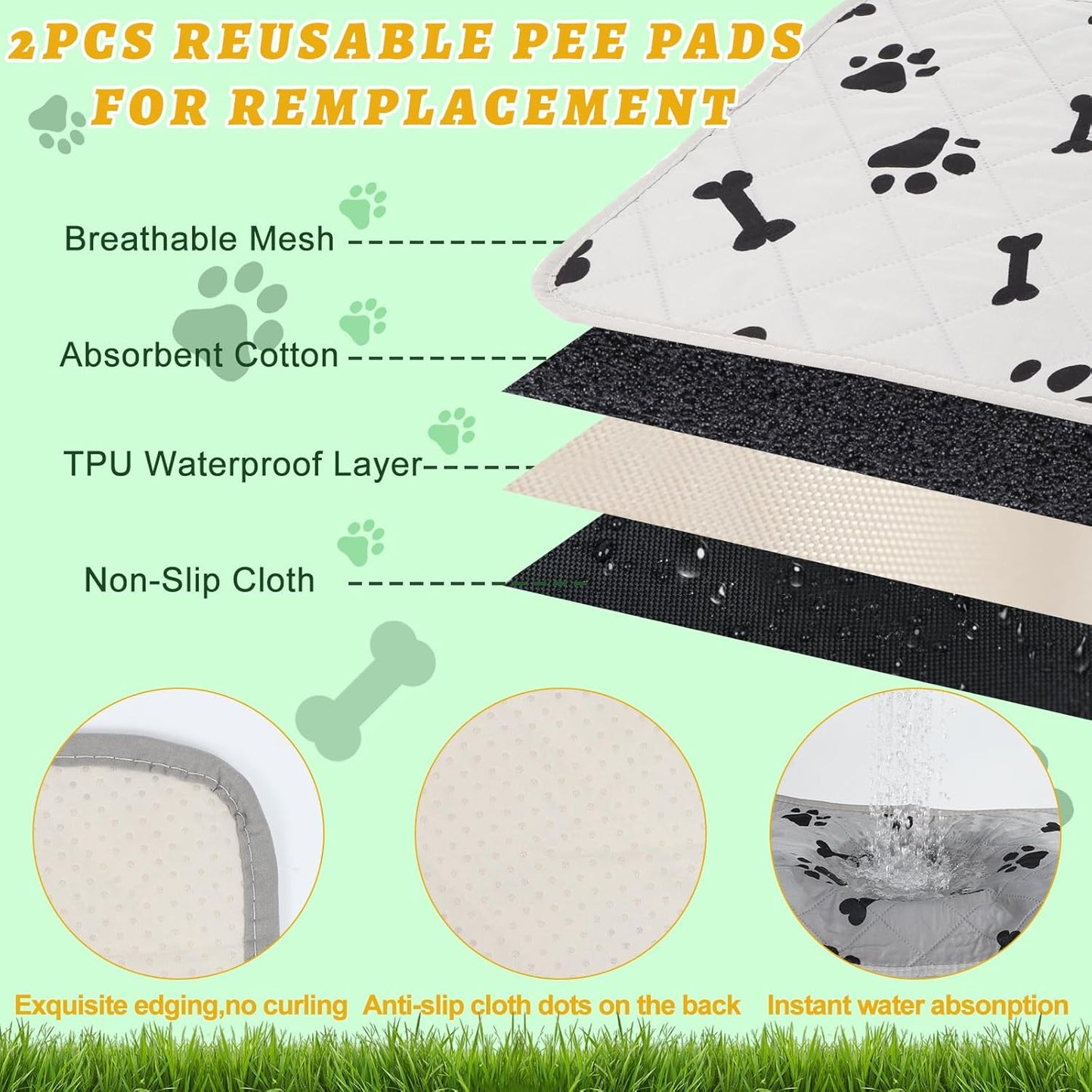 MEEXPAWS Dog Grass Pad With Tray/Foldable Liner Base Large, Litter Box Artificial Pee Pad for Indoor Potty, Odor Free Instant-Penetration Hemmed Edge, 2 PCS Reusable