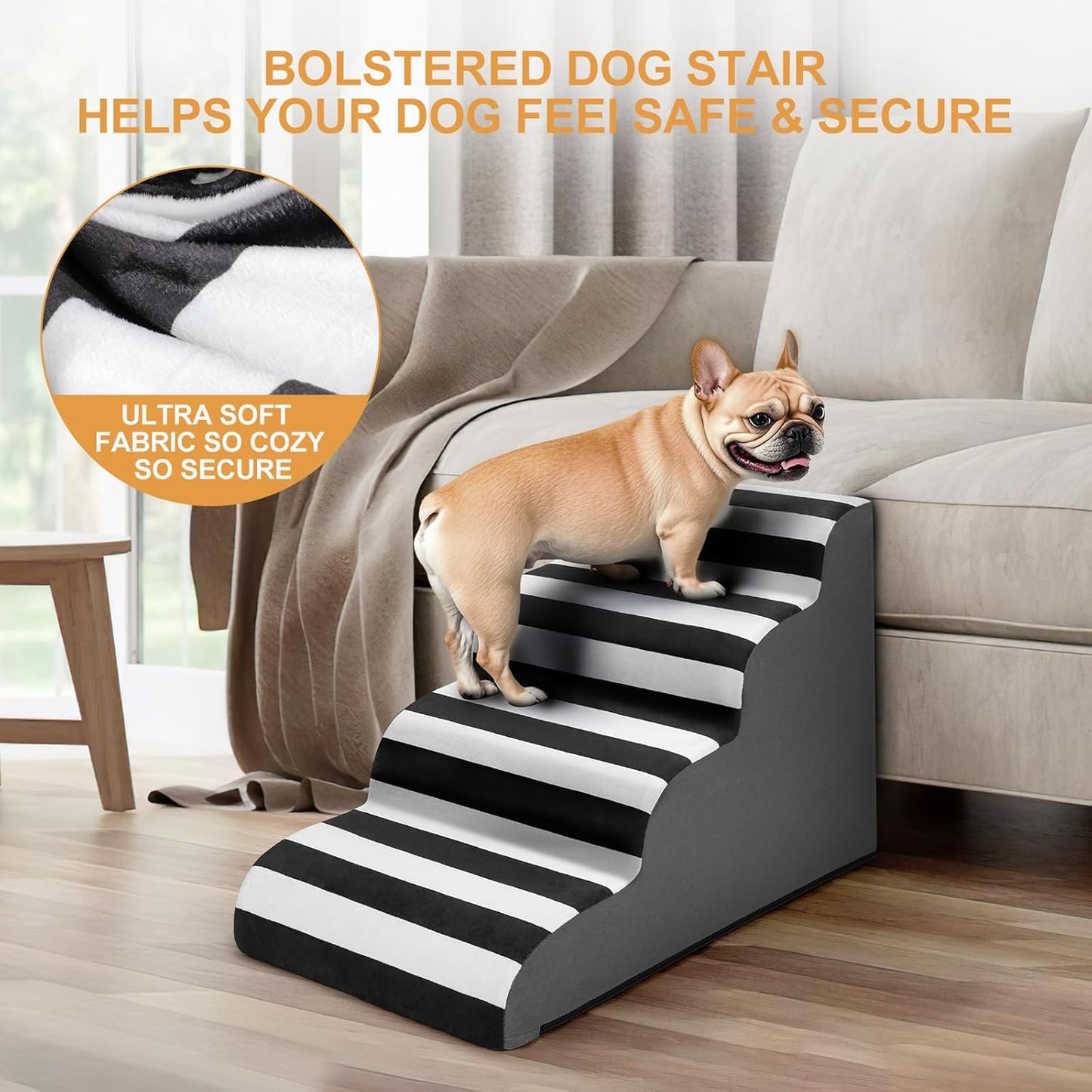 JOEJOY Curved Dog Stairs Ramp for High Beds 19" H, 4-Step Dog Steps for Small Dogs and Cats, Pet Stairs for High Bed Climbing, Non-Slip Balanced Pet Step Indoor, Grey