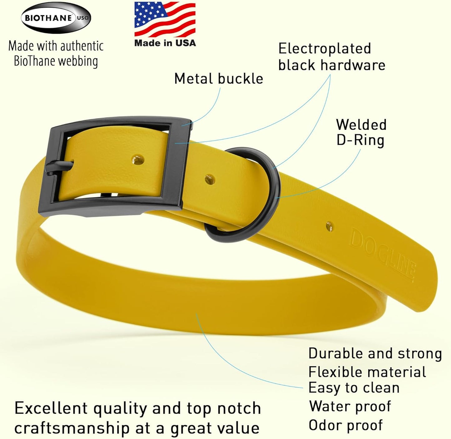 Dogline Biothane Waterproof Dog Collar Strong Coated Nylon Webbing with Black Hardware Odor- Proof for Easy Care Easy to Clean High Performance Fits Small Medium or Large Dogs, Treasure Gold