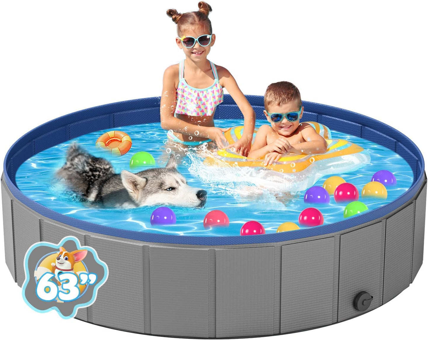 YSJILIDE Portable Dog Pool PVC Pet Swimming Bathtub Collapsible Hard Plastic Pool for Pets to Swim and Bath (XL-63"x 12"Dark Grey)