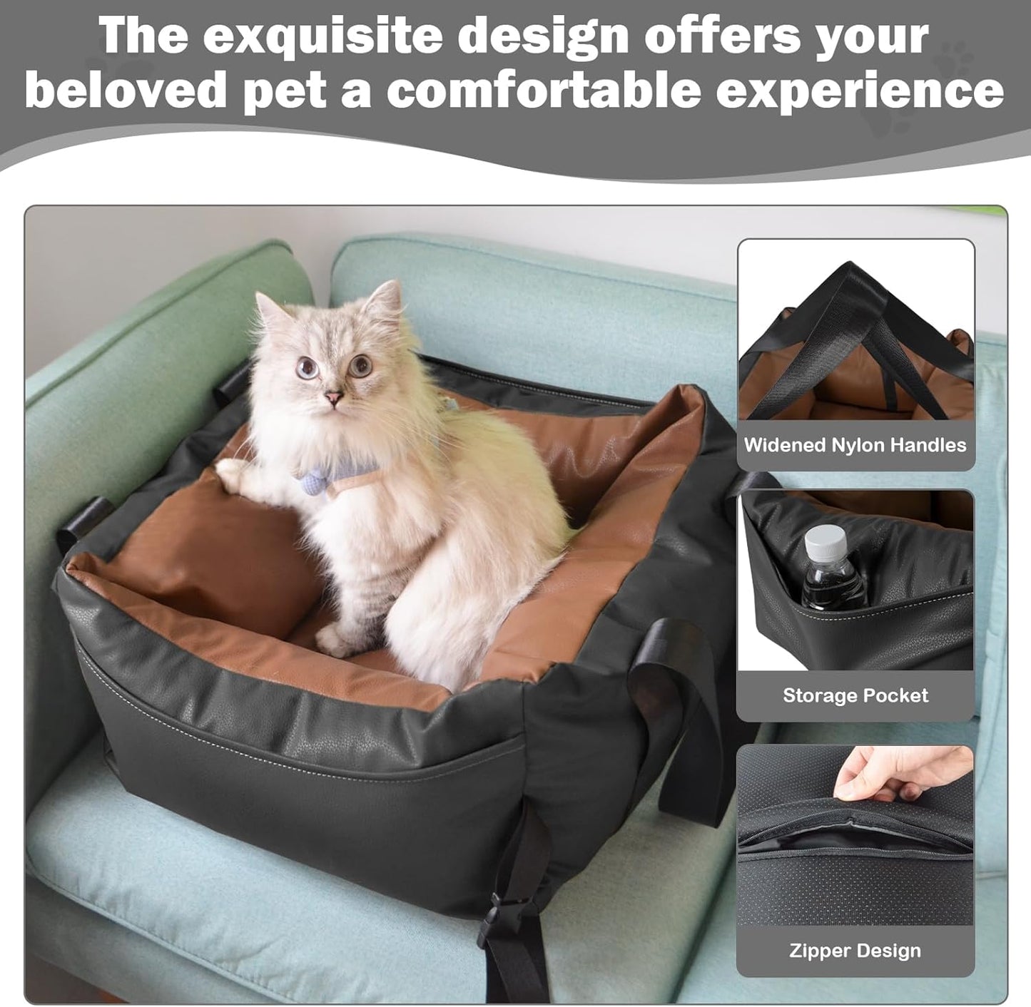 Dog Car Seat for Small Dogs, Large Leather Dog Car Bed with Storage Pocket, Waterproof PVC Leather Booster Seat Travel Bed for Front & Back Seat, Clip-On Safety Leash (Black/Brown)