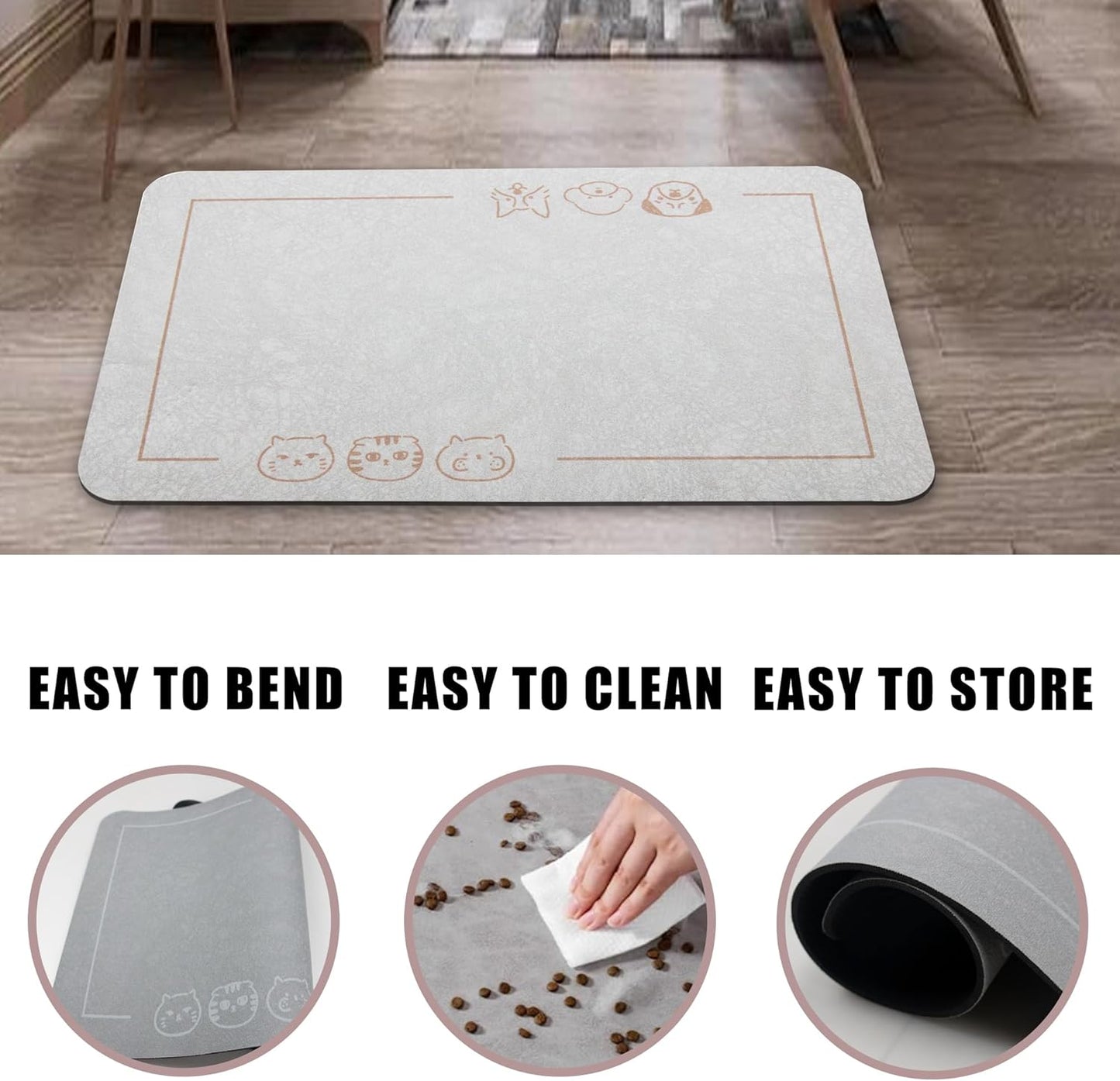 YCT Cat Pet Food Mat - Non-Slip Bottom Absorbent Quick Dry Feeding Mat for Dogs and Cats - Pet Supplies, 16.9"x24" Beige