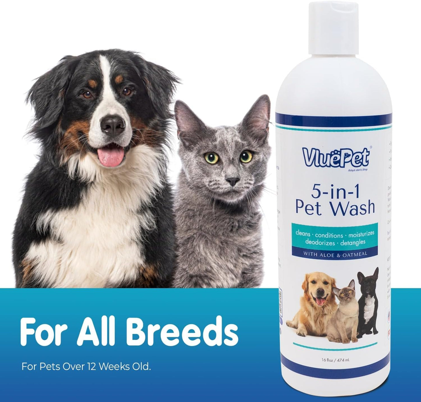 VLUEPET | Pet Wash - Gentle Solution for Cleans, Conditions, Deodorizes, Detangles and Hair Moisturizes with Oatmeal & Aloe Formula- Itchy Skin Relief- Sulfate Free, Plant Based, All Natural- 16 fl oz