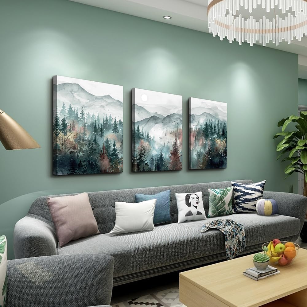 TTHYUEWS Wall Art For Living Room Farmhouse Wall Decor For Bedroom Wall Pictures for Office Fog Forest Mountain Landscape Watercolour Wall Paintings Artwork Ready To Hang Home Decorations 3 Piece